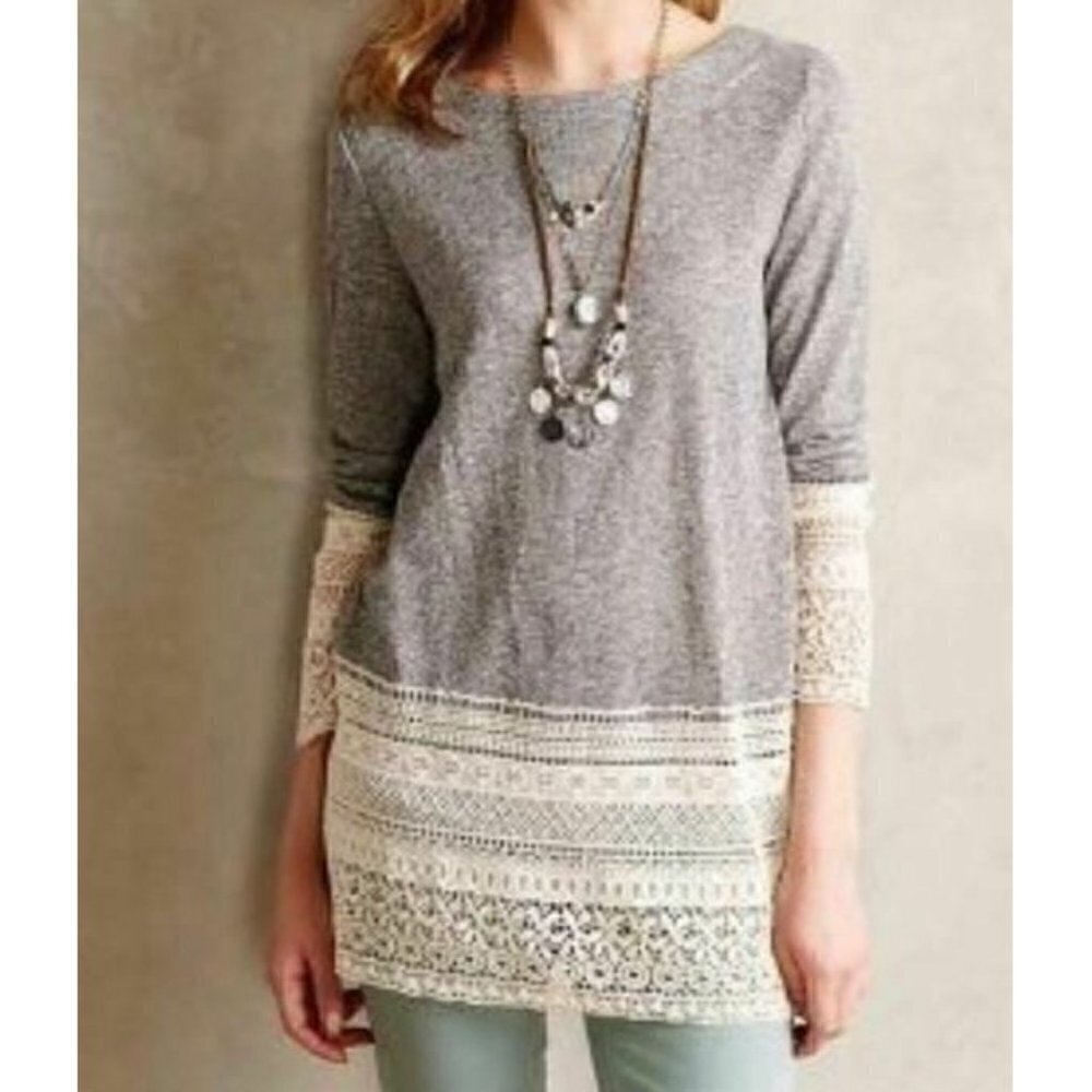 Anthropologie Sunday in Brooklyn Recessed Lace Pullover Top Gray Boho Medium
